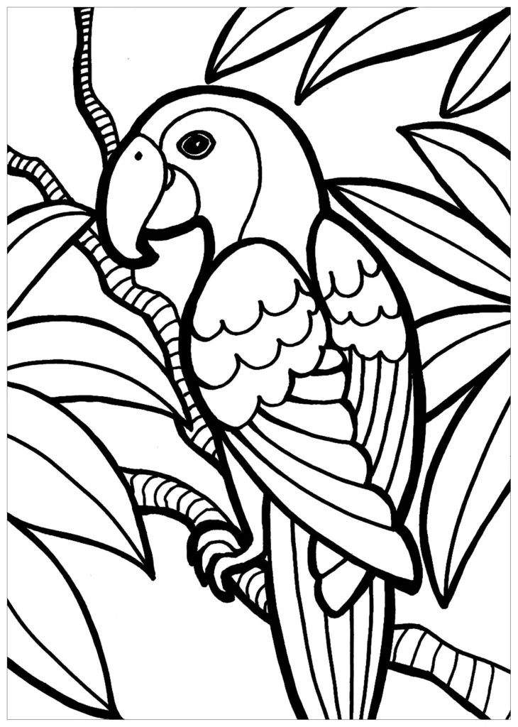 Black-and-white line drawing of a parrot among leaves