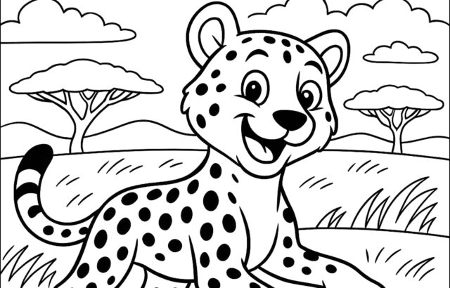 Cartoon cheetah in grassy savanna under smiling sun and clouds
