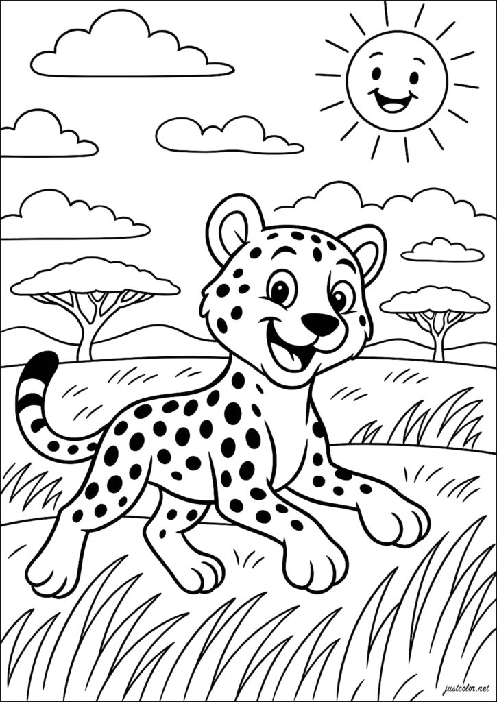 Cartoon cheetah in grassy savanna under smiling sun and clouds