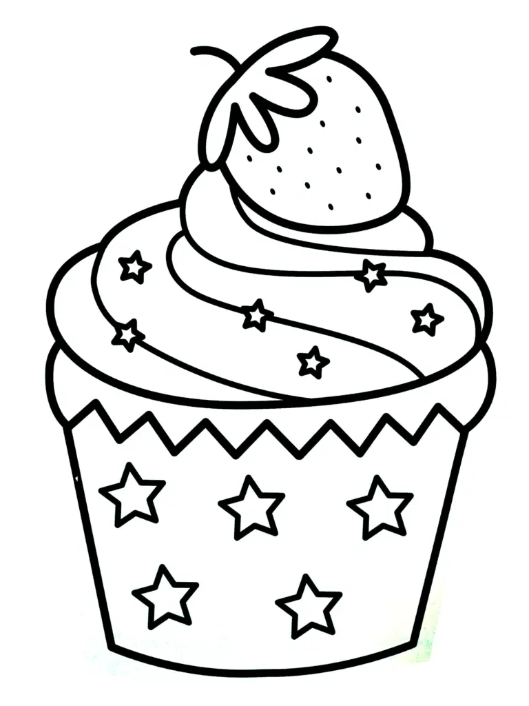 Black-and-white cupcake coloring page with stars and strawberry topper
