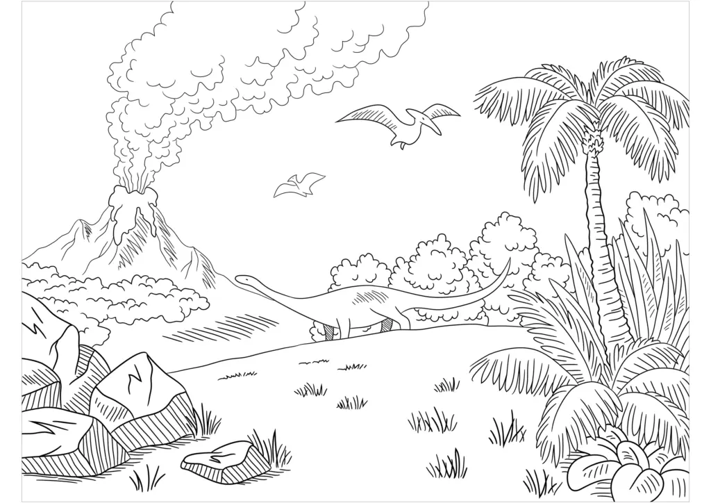 Dinosaur landscape coloring page with volcano, palm tree, pterosaurs