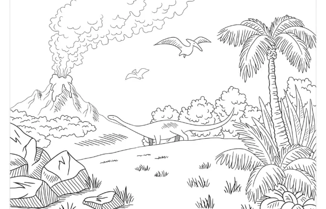 Dinosaur landscape coloring page with volcano, palm tree, pterosaurs