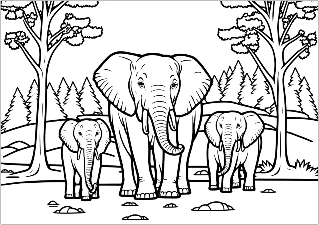 Black-and-white drawing of three elephants in forest