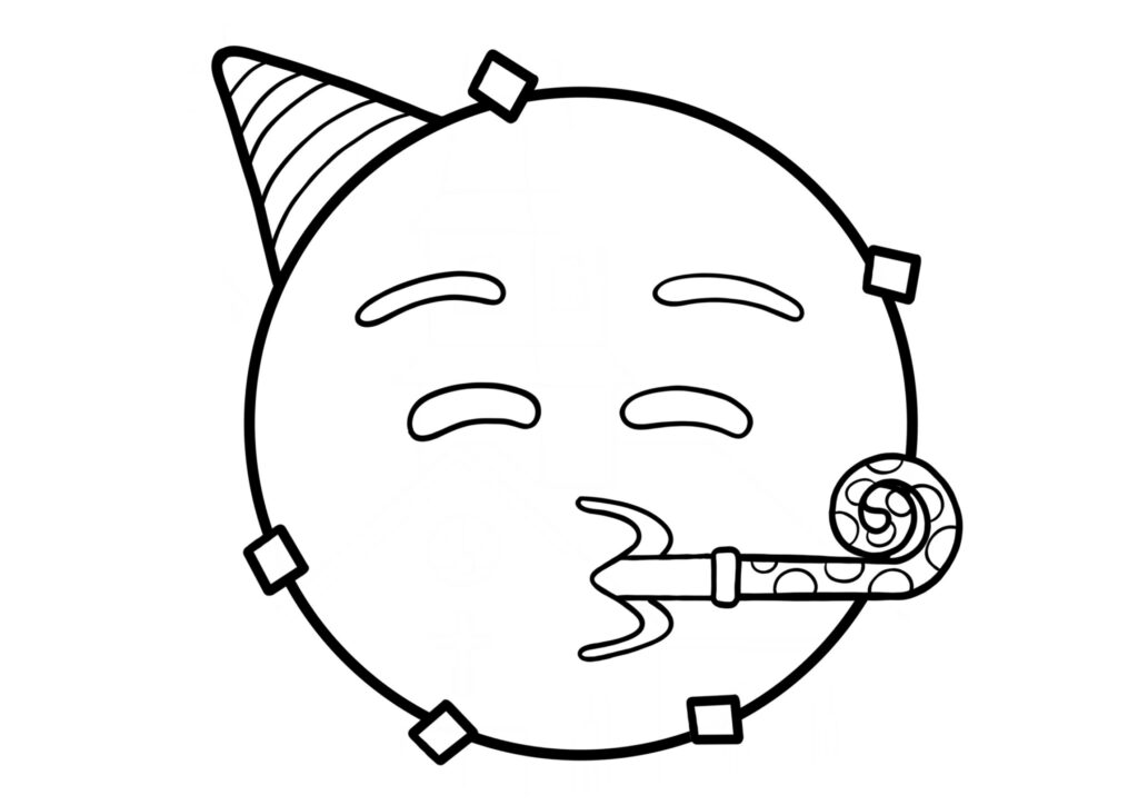 Black-and-white cartoon face wearing party hat and blower