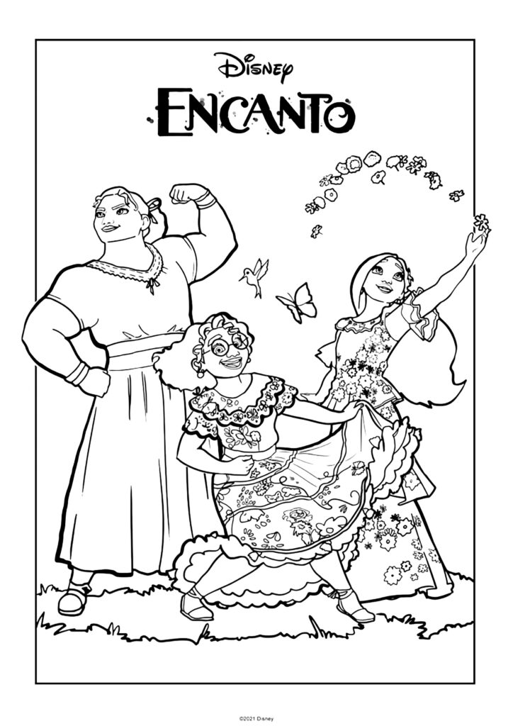 Black-and-white Encanto coloring page with three characters