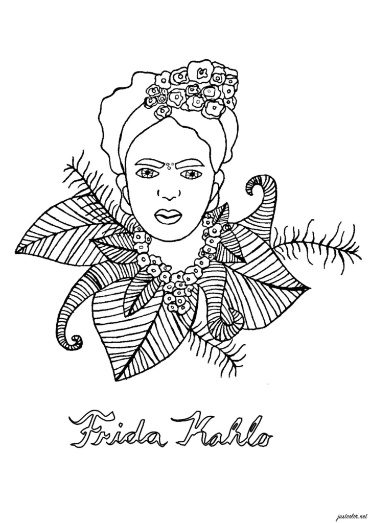 Black-and-white Frida Kahlo portrait coloring page