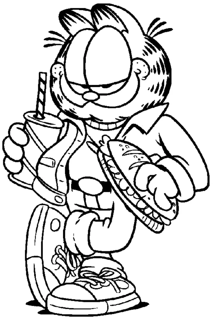 Garfield holding a drink and sandwich, black-and-white drawing
