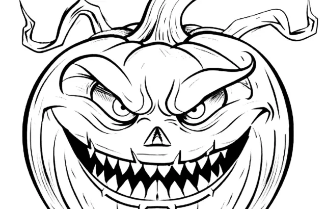 Scary jack-o'-lantern with Happy Halloween text