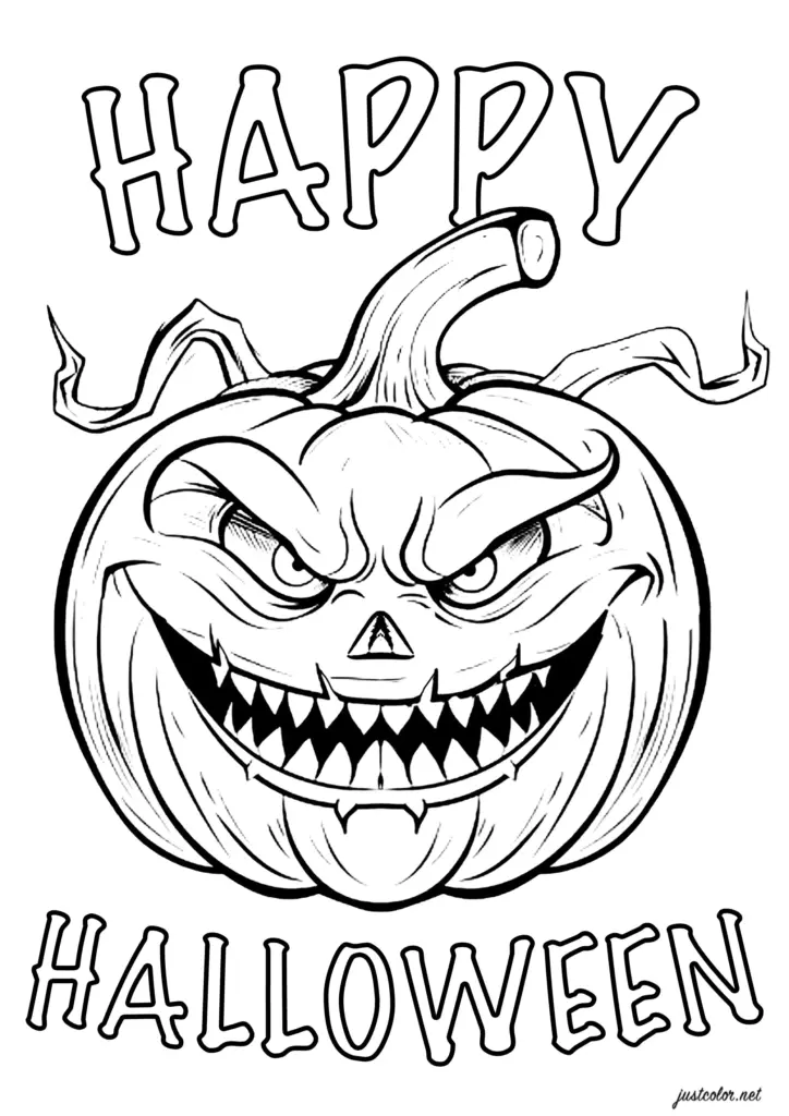 Scary jack-o’-lantern with HAPPY HALLOWEEN text