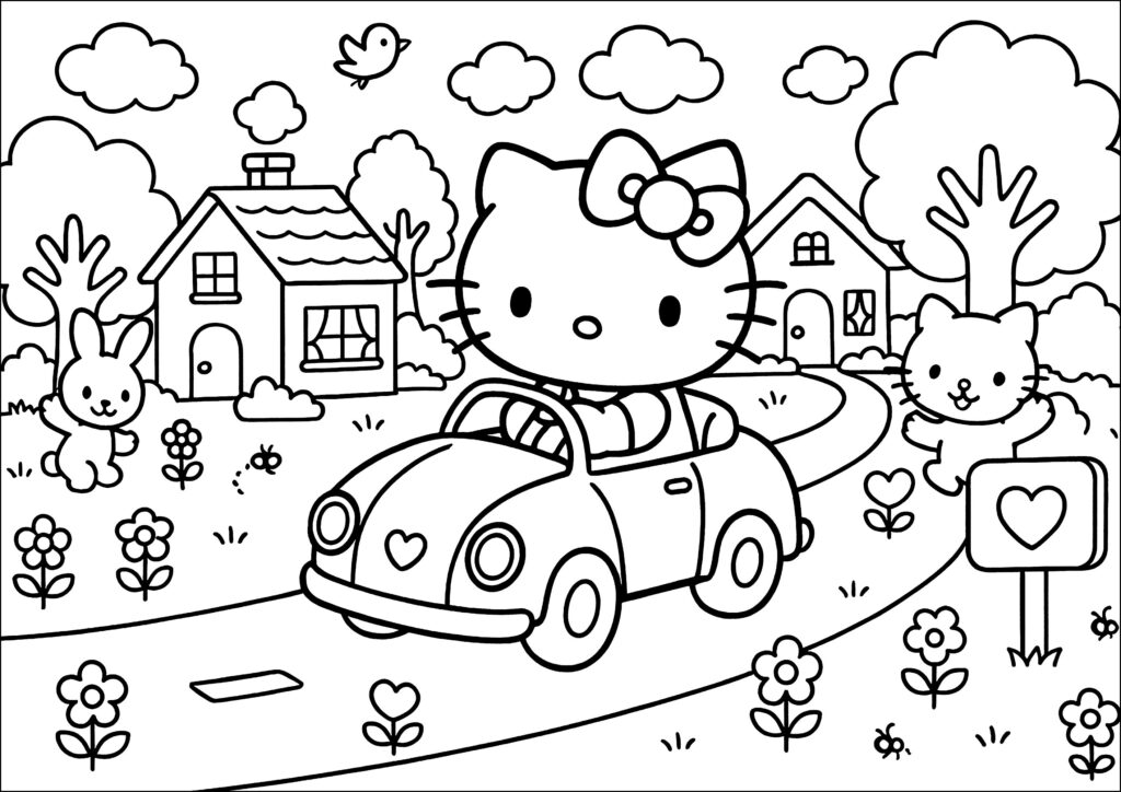 Hello Kitty riding a bicycle; bunny and cat nearby, houses behind.
