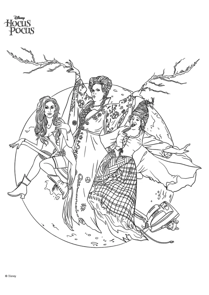 Hocus Pocus coloring page with three witches casting spells