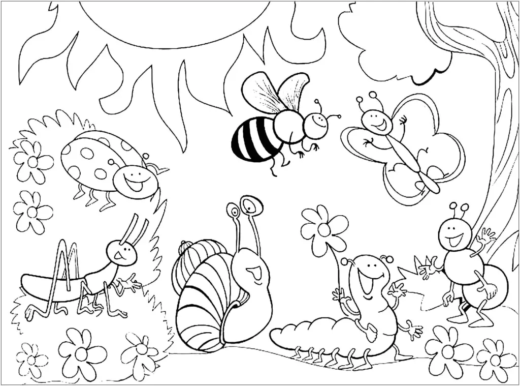 Cartoon insects and caterpillars in a garden scene