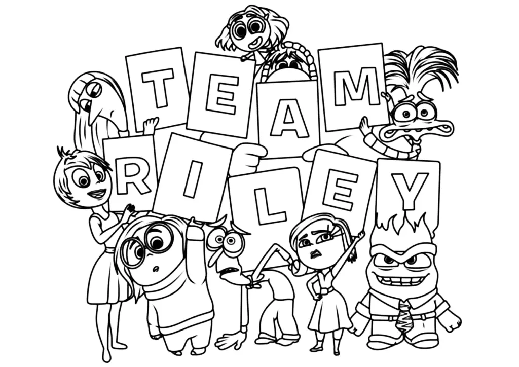 Inside Out characters holding TEAM RILEY letter signs