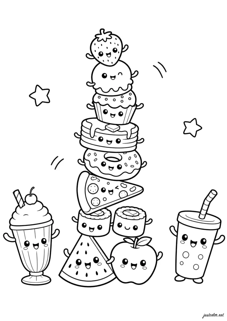 Cute stack of smiling dessert and fruit characters on white background