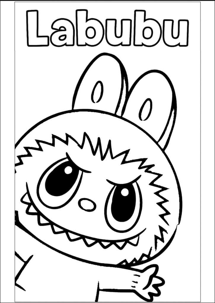 Black-and-white Labubu-style cartoon face with text above