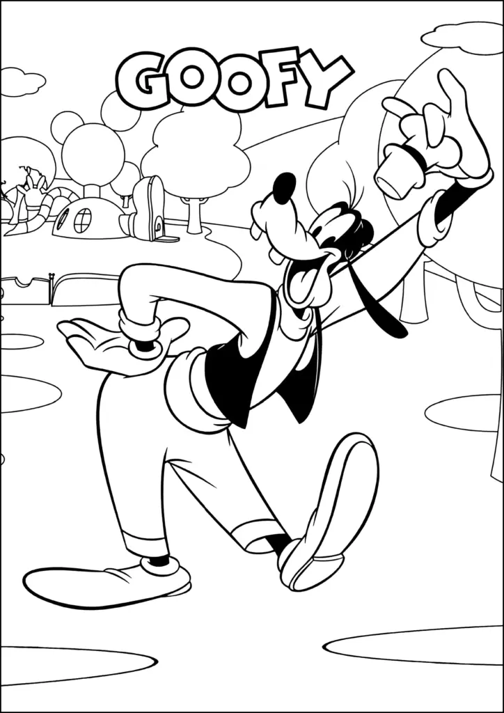 Goofy cartoon character posing in park with clouds