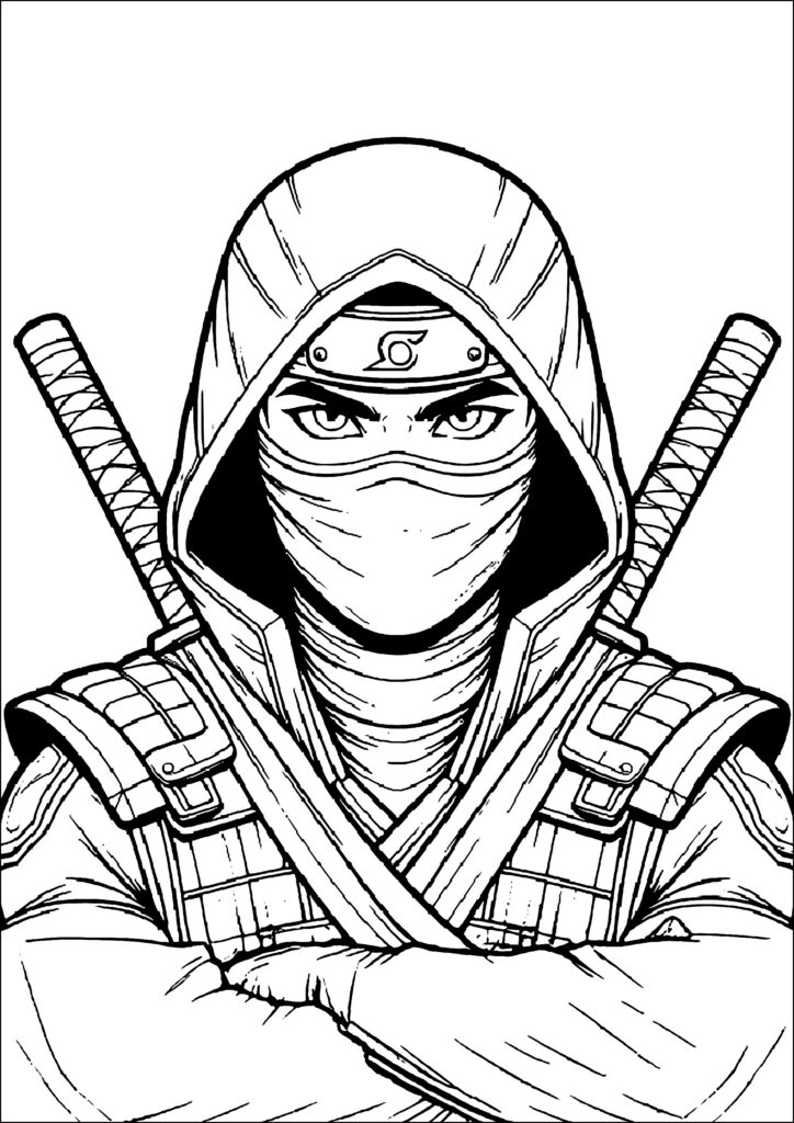 Black-and-white drawing of hooded masked ninja warrior