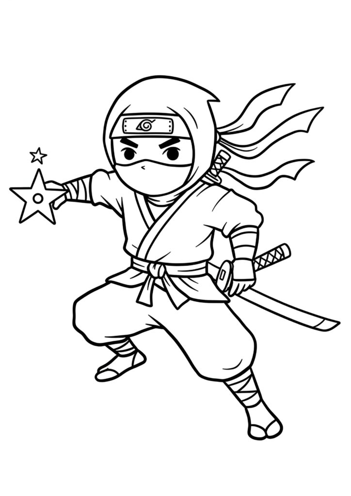 Cartoon ninja in midair holding a shuriken and sword