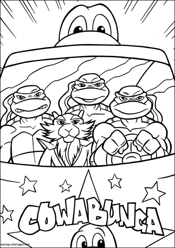 Four cartoon turtles and Splinter inside car, Cowabunga text below