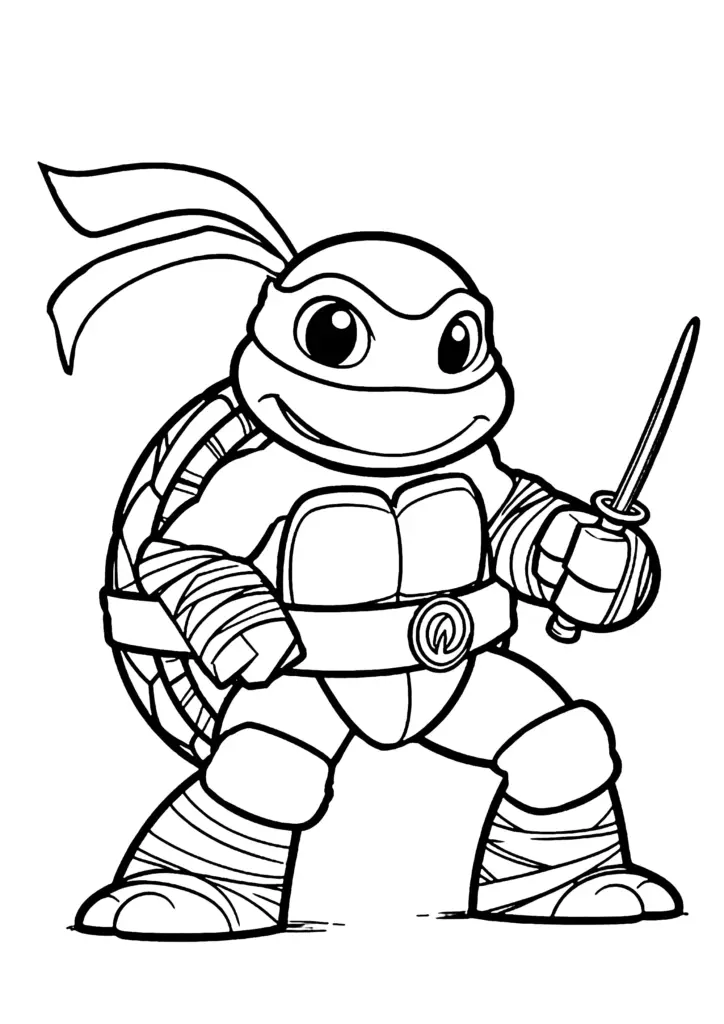 Black-and-white cartoon turtle holding a sword