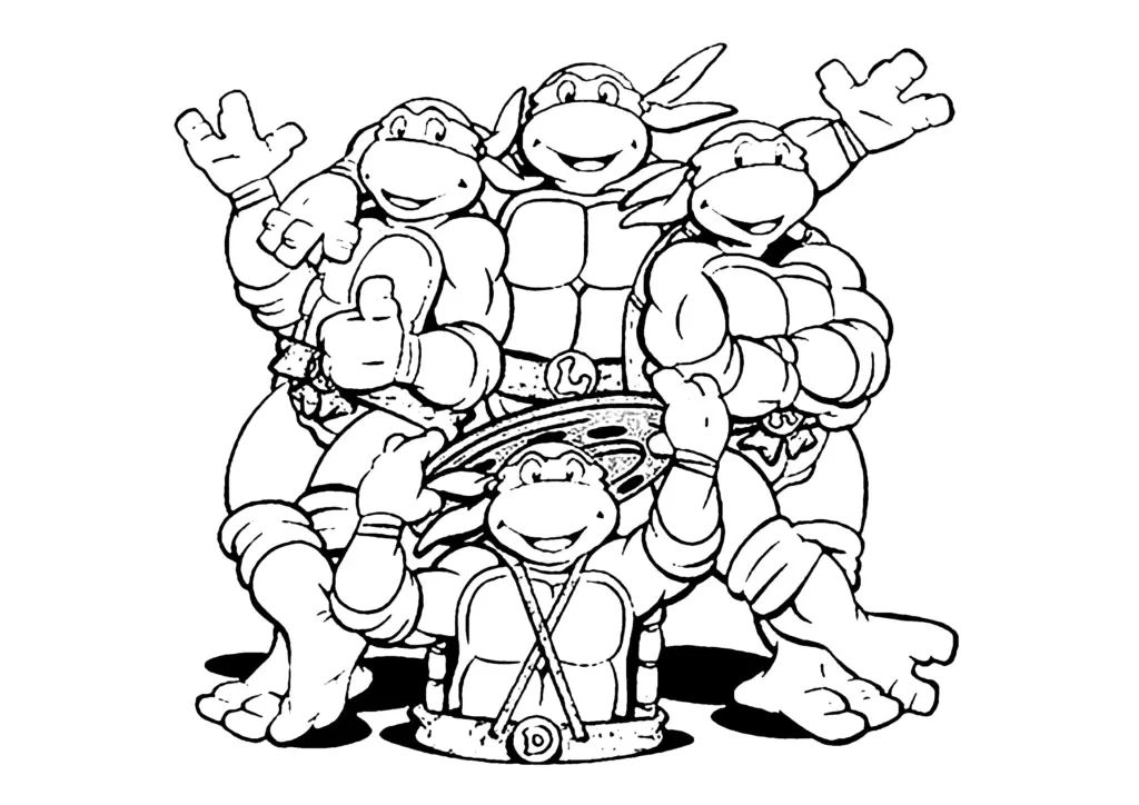 Four cartoon turtles posing together, black-and-white line drawing
