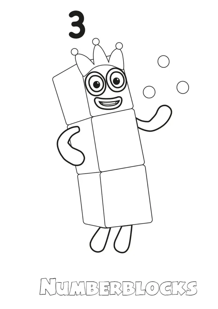 Cartoon number block three with crown and bubbles