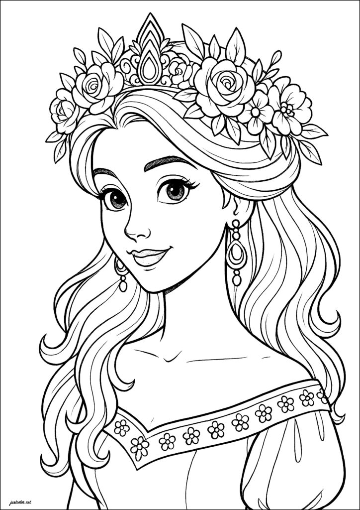 Black-and-white princess portrait with floral crown and earrings