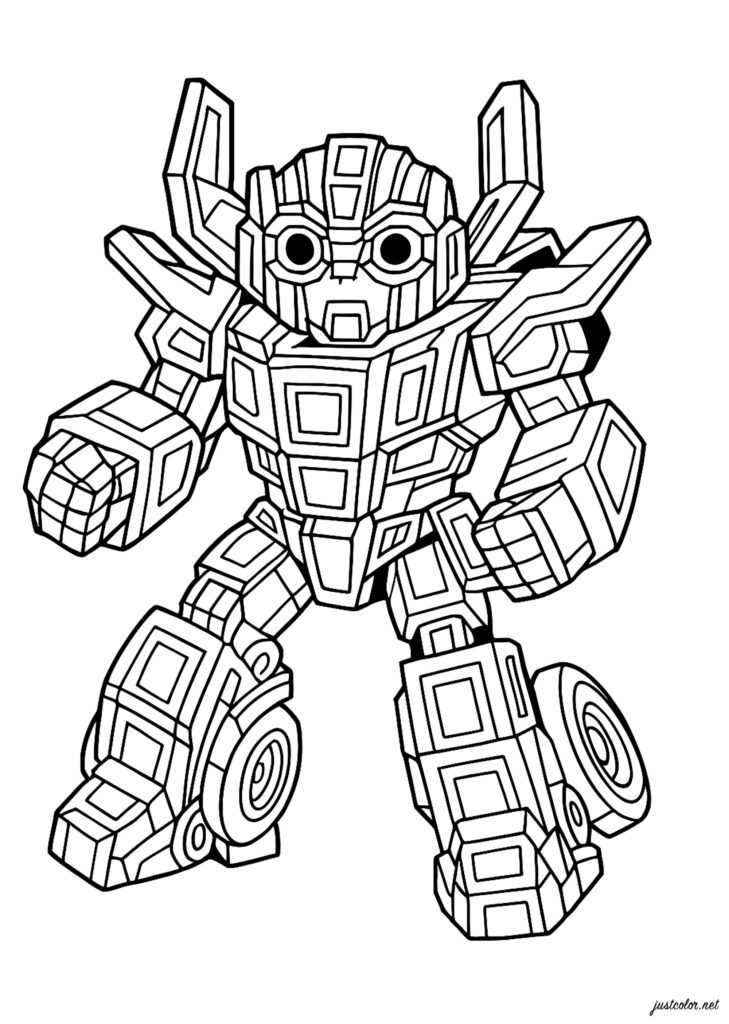 Black-and-white line drawing of a robotic character