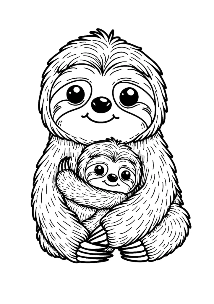 Cute baby sloth hugging adult sloth drawing