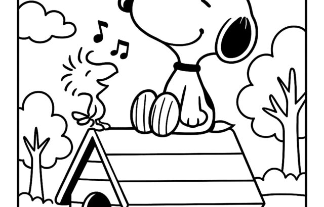 Snoopy on doghouse under sun and clouds, flowers below