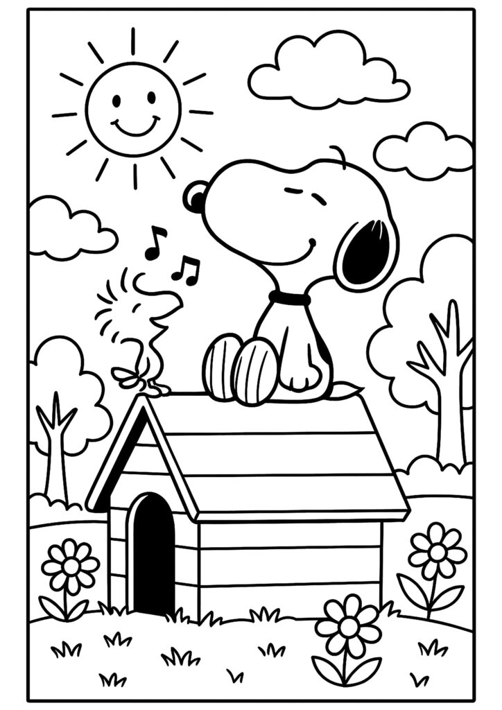 Snoopy on doghouse under sun and clouds, flowers below