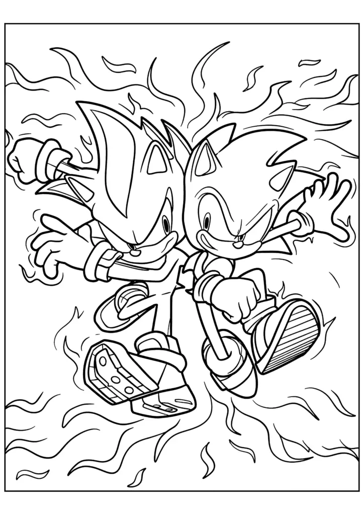 Two Sonic characters surrounded by swirling flames and motion lines