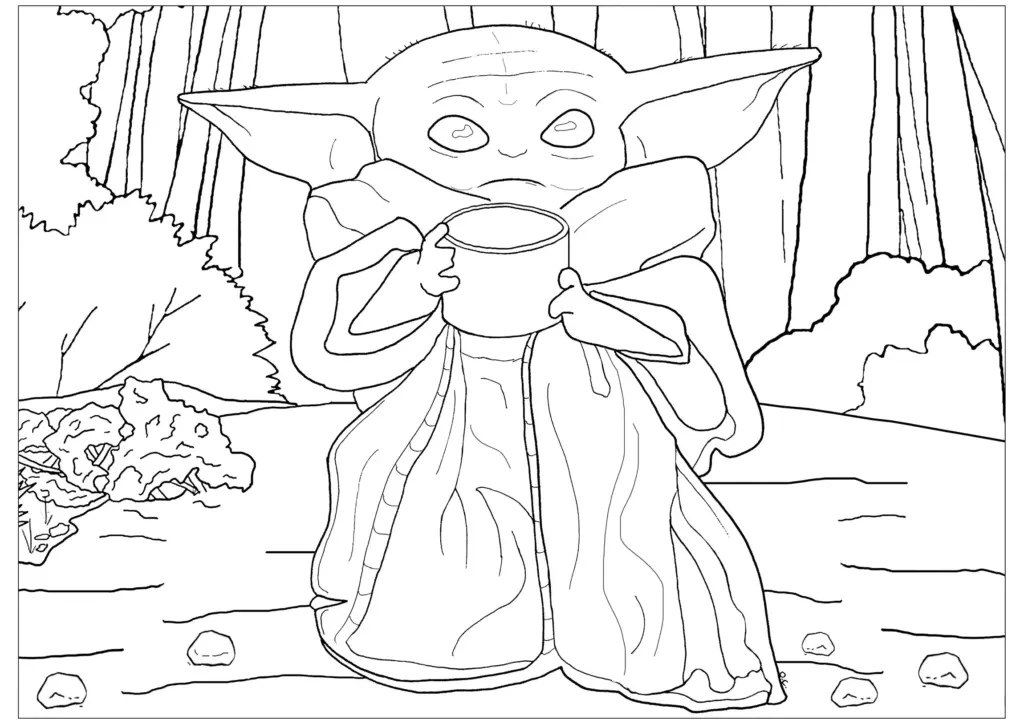 Baby Yoda holding a cup in a forest clearing