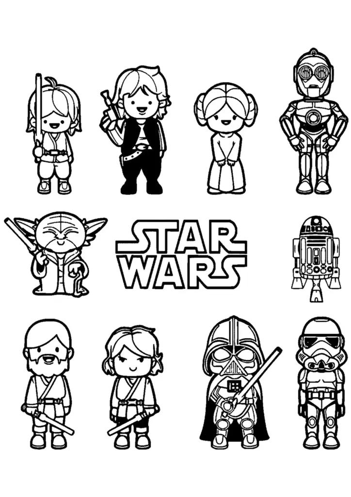 Star Wars characters and logo in black-and-white outline collage
