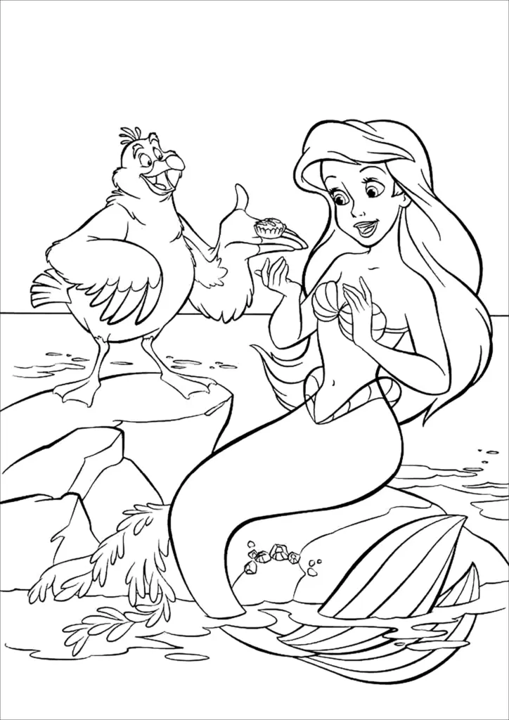 Black-and-white mermaid and seagull coloring page scene