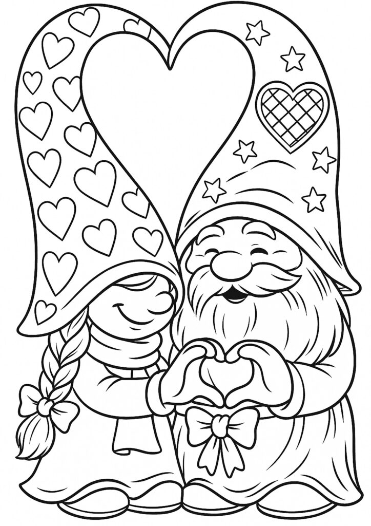 Two gnomes holding heart, under starry hats