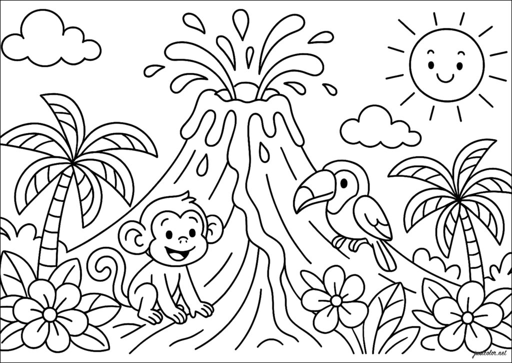 Volcano erupting with monkey, bird, palms, flowers, sun, clouds