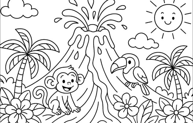 Volcano erupting with monkey, bird, palms, flowers, sun, clouds