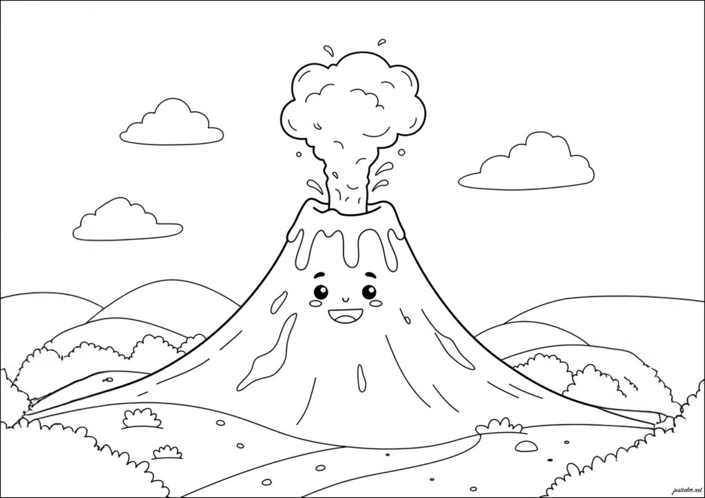 Cartoon volcano erupting with a smiling face and clouds