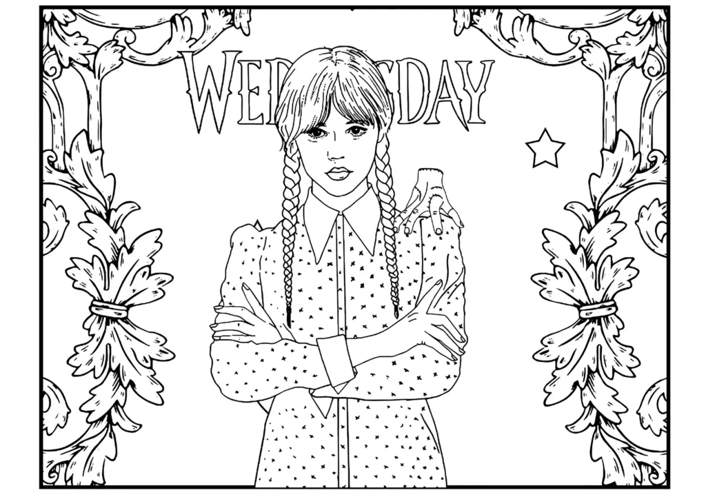 Black-and-white drawing of braided girl with WEDNESDAY text, decorative border