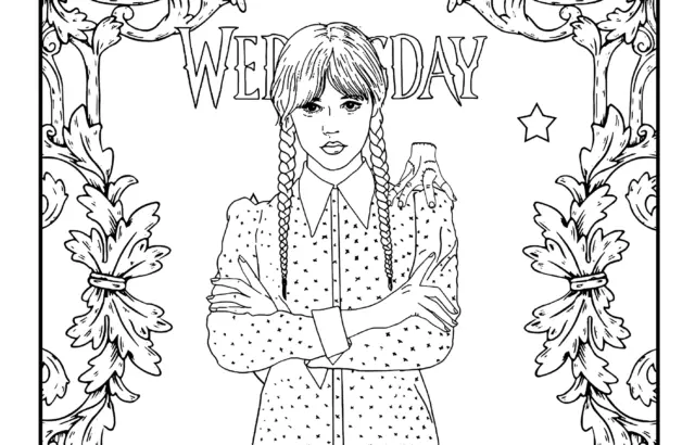 Black-and-white drawing of braided girl with WEDNESDAY text, decorative border