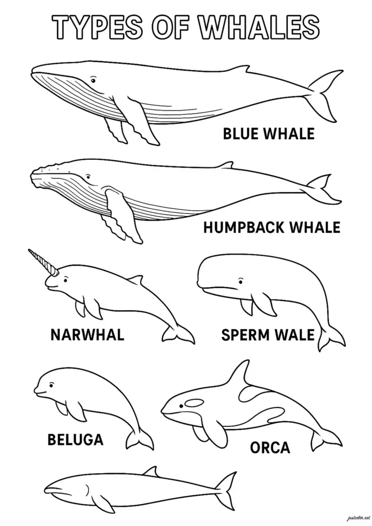 Black-and-white whale types chart with labeled drawings
