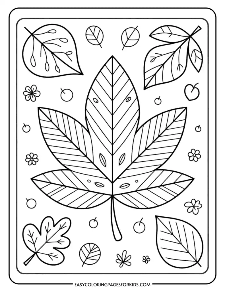 Black-and-white leaf coloring page with scattered small leaves and flowers