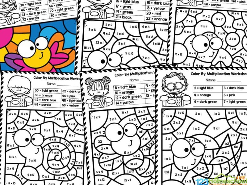 Collage of cartoon multiplication coloring worksheet pages