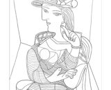 Line drawing of a woman holding a fish, wearing a hat