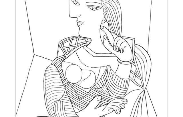 Line drawing of a woman holding a fish, wearing a hat