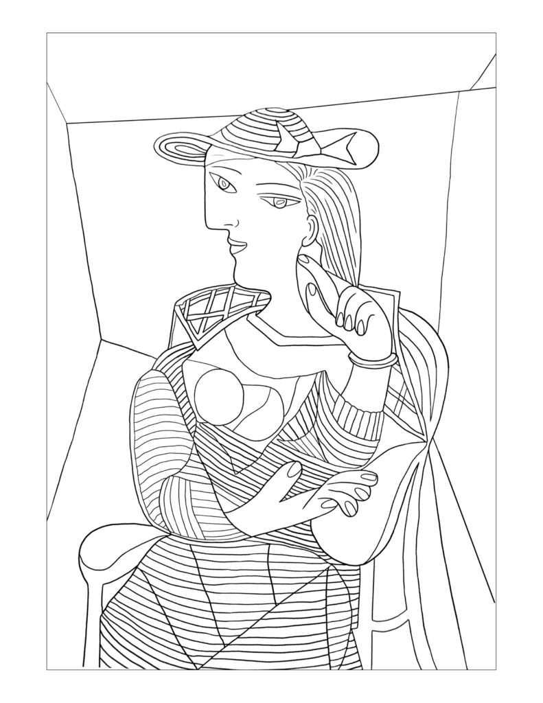Line drawing of a woman holding a fish, wearing a hat
