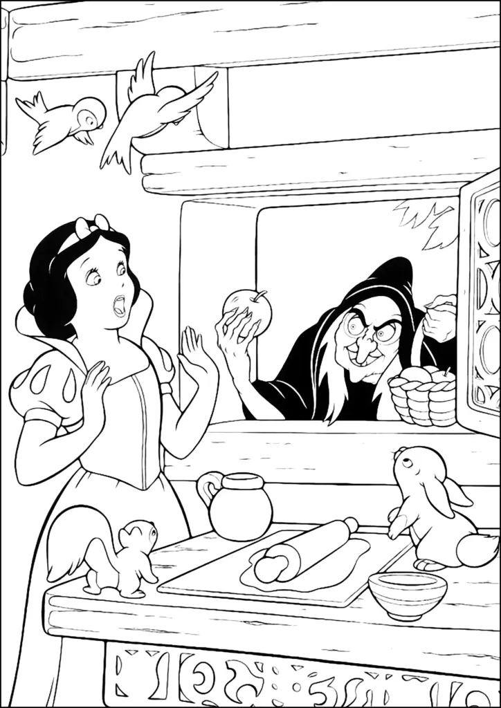 Snow White facing witch at kitchen window, birds and rabbits