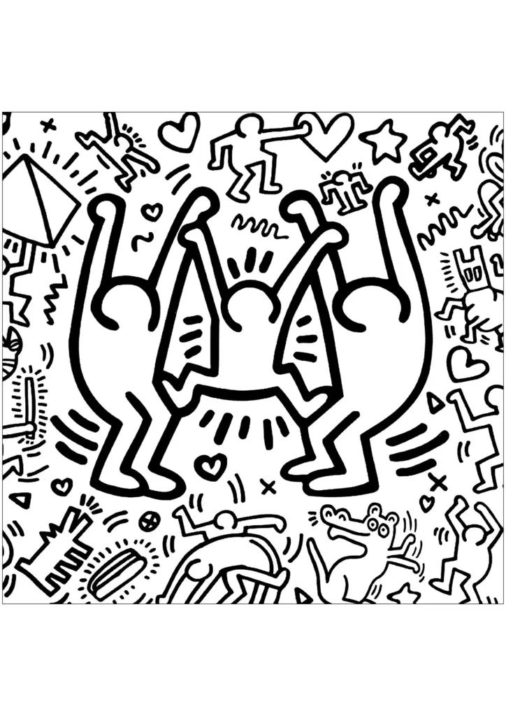 Black-and-white doodle of dancing figures and hearts