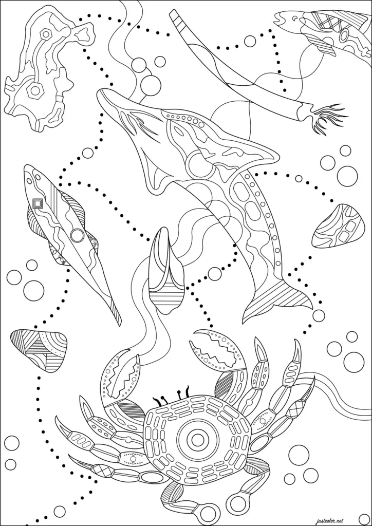 Abstract marine animals and coral line art coloring page